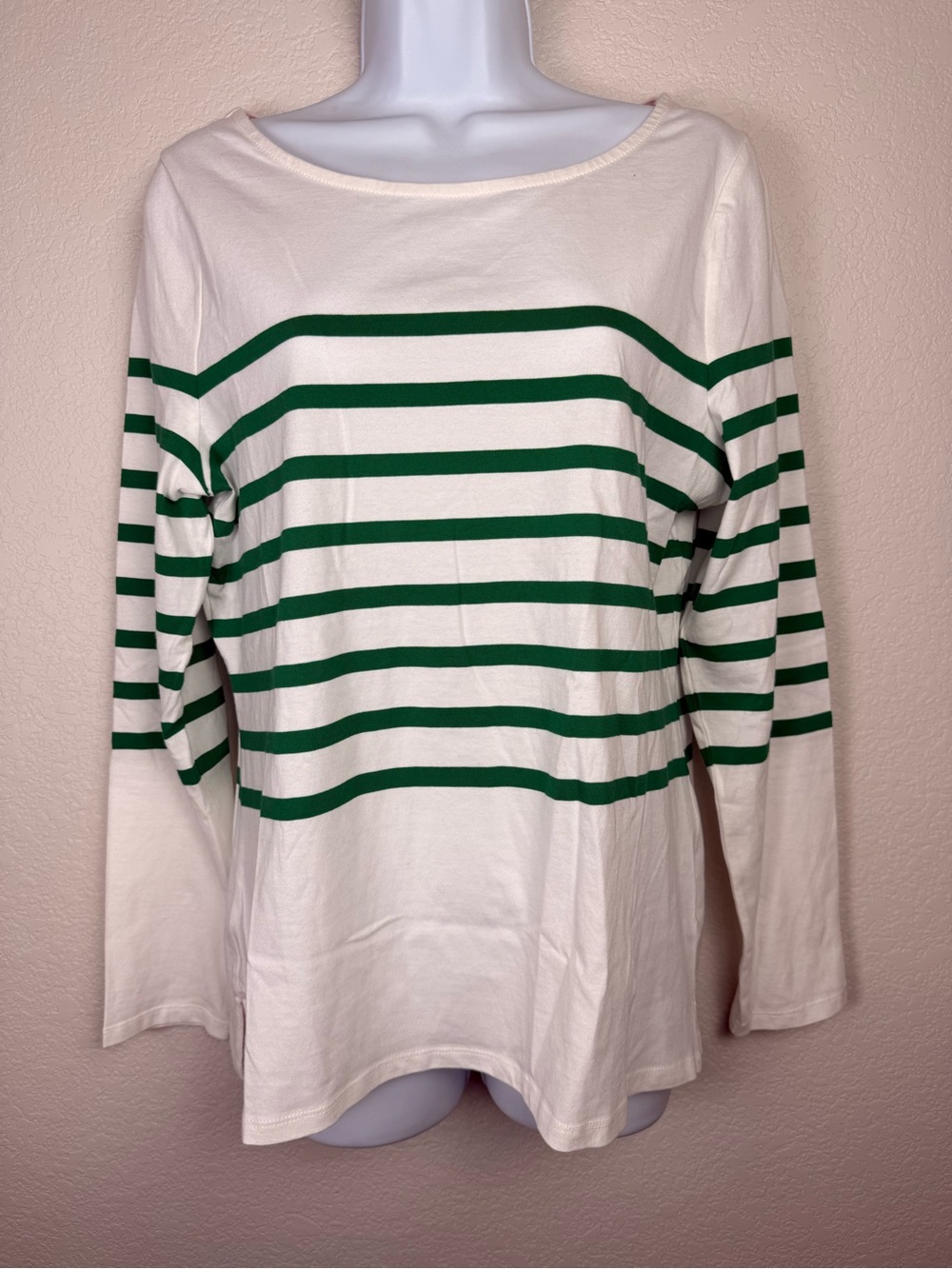 BODEN White Long-Sleeve Tee with Green Stripes Women’s Size 8
